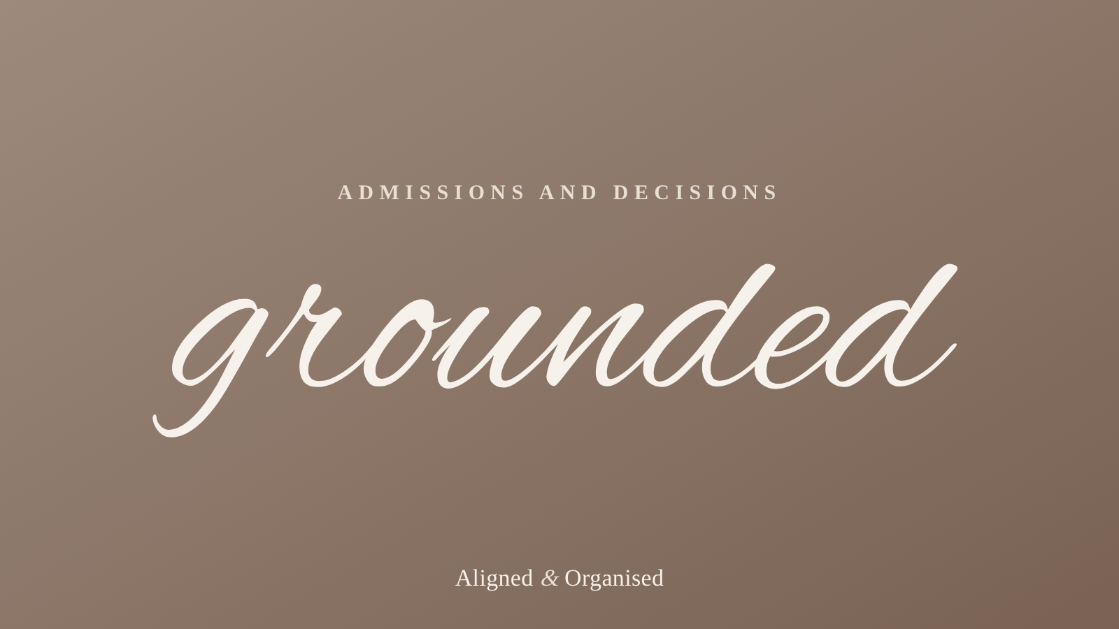 An editorial cover for Admissions and Decisions, with the word grounded in script